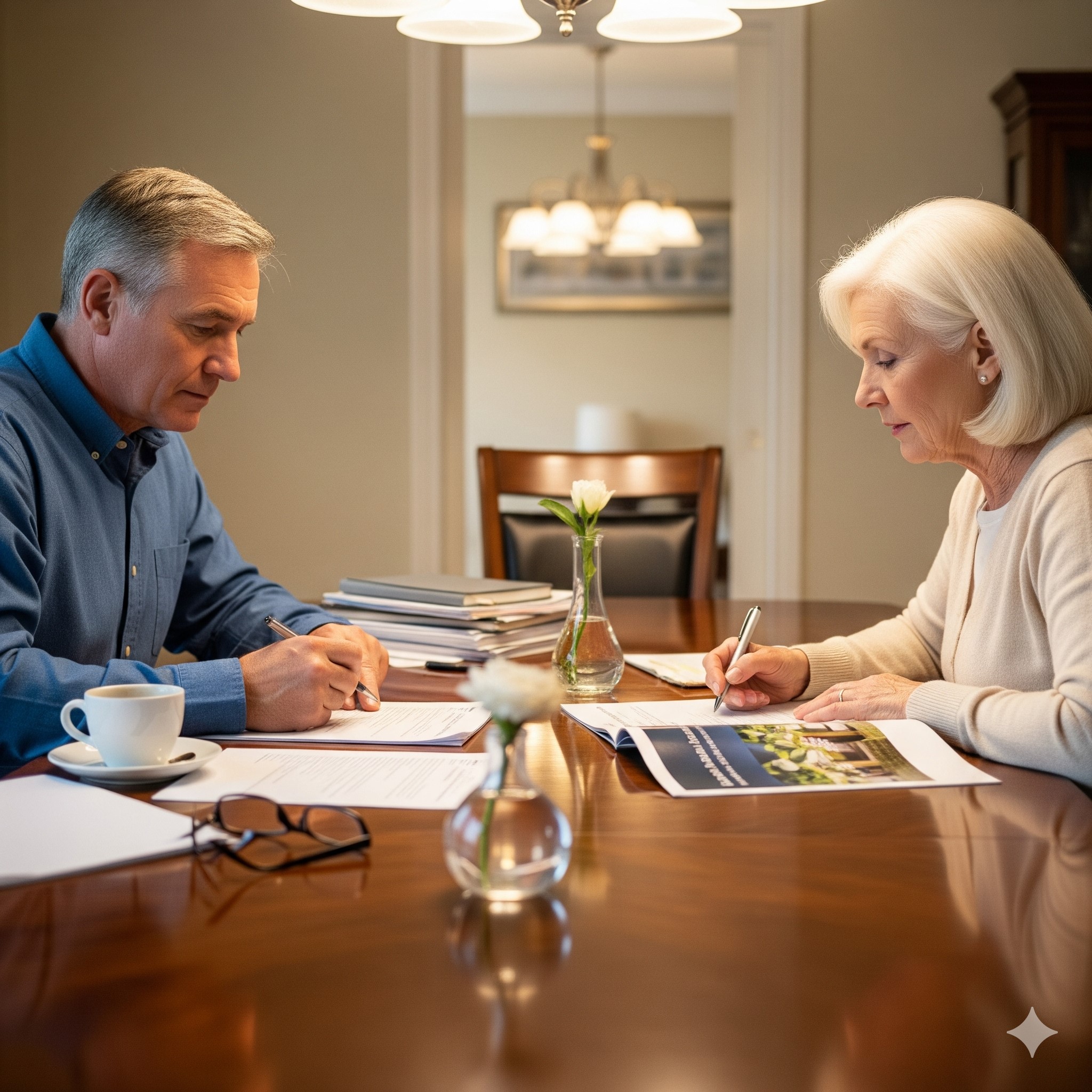 A serious but hopeful couple reviewing their financial documents, representing the concern many have about Social Security's future.
